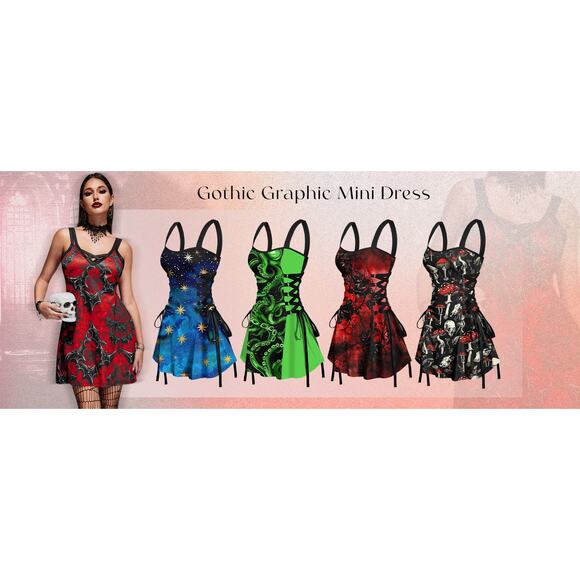 Green and Black Octopus Printed Lace-up Mini Dress Size L - Picture 5 of 6